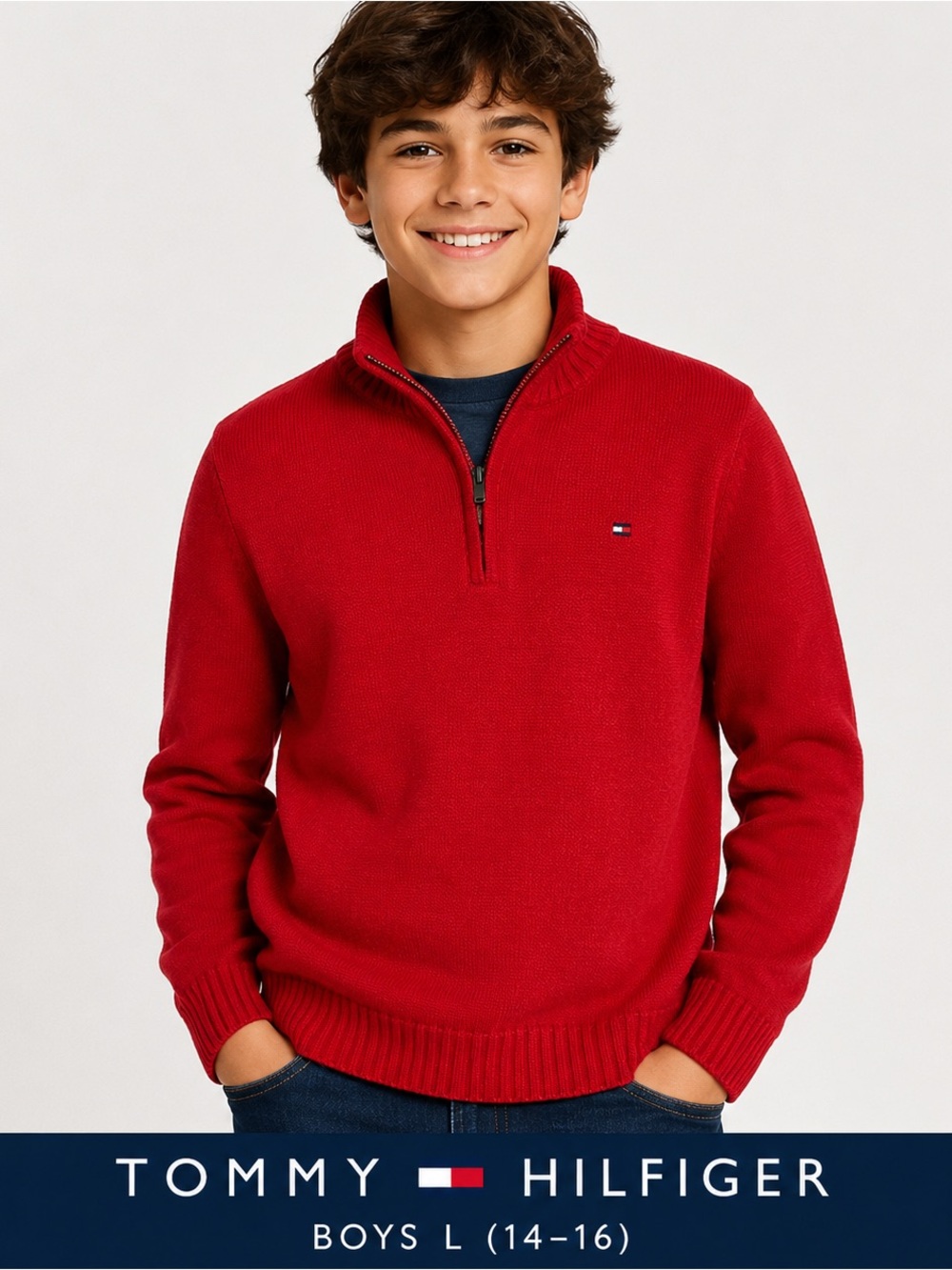Tommy Hilfiger Boys Red Quarter Zip Knit Sweater Size L (14–16)